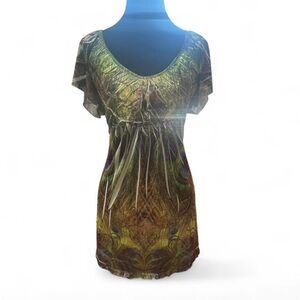 Y2K Peacock Feather Fairycore Mini Dress Boho Whimsygoth Tunic XL 2000s grunge